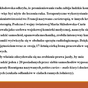 Slajd przedstawiający życiorys M. Skłodowskiej - Curie, s.8