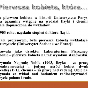 Slajd przedstawiający życiorys M. Skłodowskiej - Curie, s.13