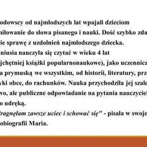 Slajd przedstawiający życiorys M. Skłodowskiej - Curie, s.3