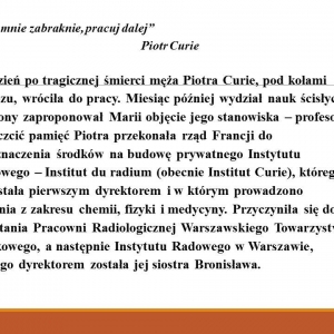 Slajd przedstawiający życiorys M. Skłodowskiej - Curie, s.12