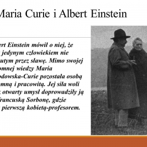 Slajd przedstawiający Einsteina w towarzystwie M. Skłodowskiej - Curie, s.21