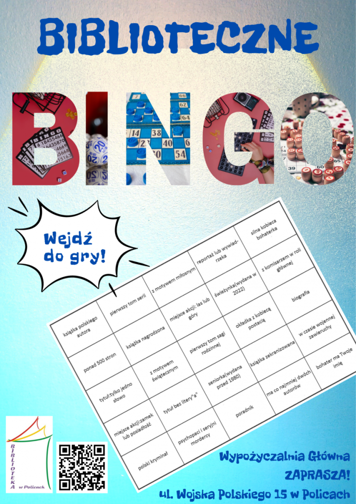 plakat do zabawy "biblioteczne bingo"