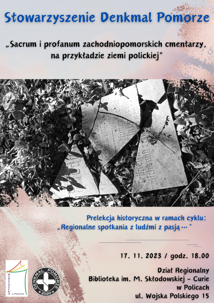 plakat promujący prelekcję historyczną, przedstawiający pęknięty nagrobek